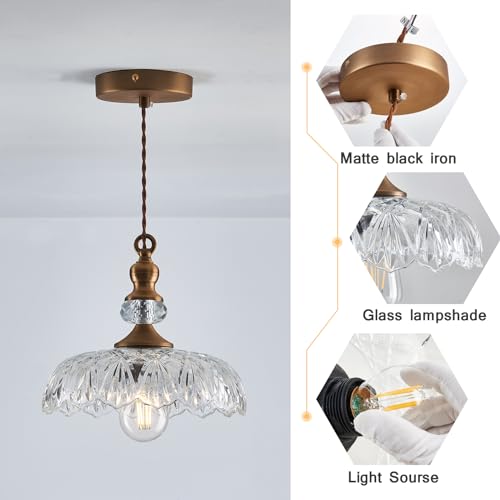 Image of CVKASH Vintage Glass Pendant Light Fixture 3-Pack Brass Modern Adjustable Chandelier Farmhouse Hanging Ceiling Light for Hallway Porch Kitchen Bedroom Coffee Shop Dining Room