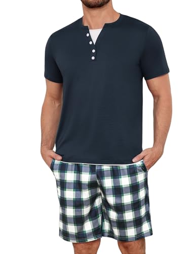 Jahetuul Pijama Hombre de Algodón Conjunto de Pijama Corto de Verano con Cuello en V y Botones Decorativos Suave y Cómodo para Casa