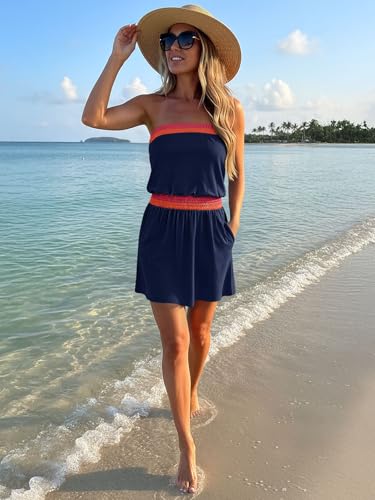 Image of SAUKOLE Beach Dresses for Women 2026 Casual Summer Strapless Smocked Elastic Waist Short A Line Flowy Dress