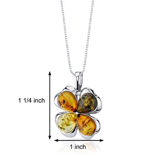 Peora Genuine Baltic Amber Shamrock Lucky Clover Pendant Necklace For Women 925 Sterling Silver, Rich Cognac, Honey And Olive Green Colors, With 18 Inch Chain #TOP1