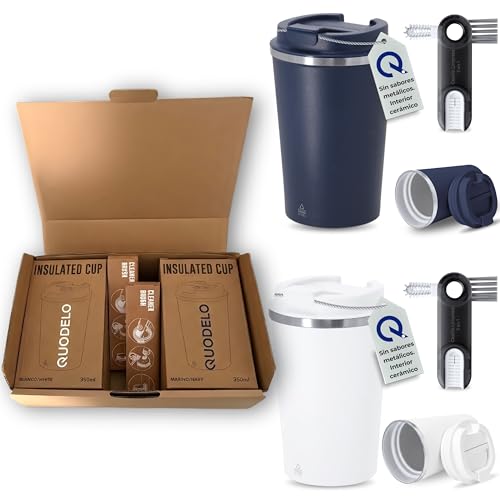 Quodelo Pack 2 Vasos Termos Café con Interior Cerámico 350ml - Taza Antiderrames sin BPA para Llevar y Cepillo Limpieza 3 en 1