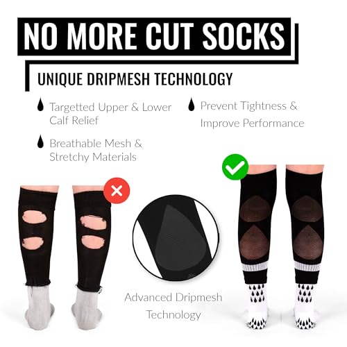 DRIPsox® Football Sock Sleeves - 3 Sizes for Kids, Men, Junior, Women (S:13C-3.5, M:4-7.5, L:8+) - Multiple Colours - 1 Pair Football Sleeve Socks with Breathable Calf Comfort Mesh