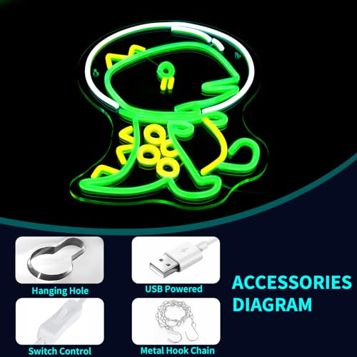 Image of Neon Sign - JGHTURIE Dinosaur Neon Signs for Wall Decor, Dinosaur Green Light up LED Sign for Room Decor, Bedroom, Bar, Man Cave, USB Powered
