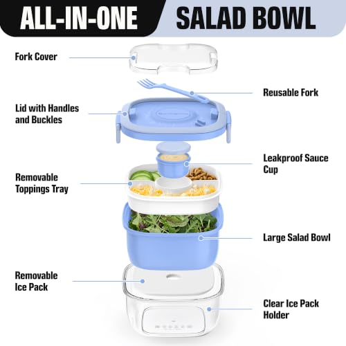 Image of Salad Container with Ice Pack & Handle, 6.8 Cup / 1600ml Large Portable Salad Bowl Lunch Box with Lid, Fork Holder & Sauce Cup, 4-Compartment Removable Tray Meal Prep Bento Box, Blue