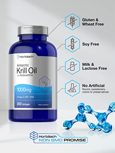 Antarctic Krill Oil 1000Mg | 300 Softgel Capsules | Omega 3, Epa, Dha Supplement | With Astaxanthin | Value Size | Non-Gmo, Gluten Free | By Horbaach #TOP3