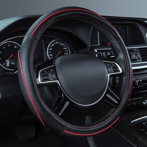 Car Pass Colour Piping Leather Steering Wheel Cover Perfectly fit for 14.5-15 inches for Various Vehicles SUVs Vans Sedans Cars (Black & Red)