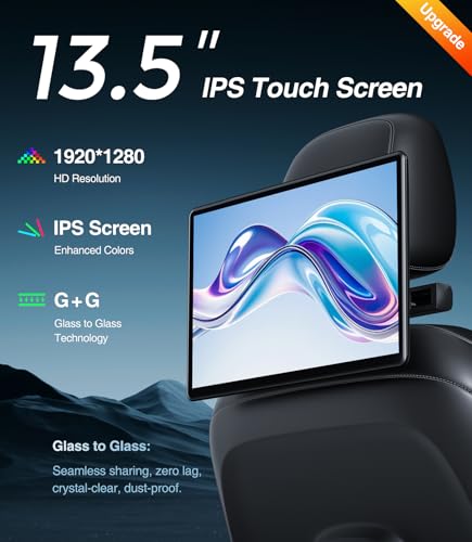 Image of 13.5inch Android Car TV Headrest Monitor for Back Seat Supports Phone Mirroring Touchscreen HDMI WiFi SD Card Bluetooth Cars Entertaiment System Video Player