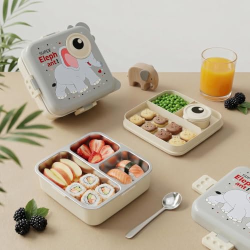 Image of TEKCOOL Kids Tiffin Box for School, 3 Compartments Insulated Stainless Steel Lunch Box, Leak Proof Bento Box with Spoon, BPA Free Food Grade Meal Box, 1120ml + 70ml (Grey, Super Elephant);