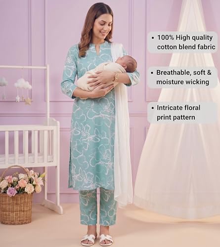 Image of DUMMY SHAPE Feeding Kurtis for Women Cotton Blend | Floral Kurta Pant Dupatta Set with Nursing Zippers to Pre & Post Partum | Maternity Dresses | Mom to Be Gifts for Pregnant Woman