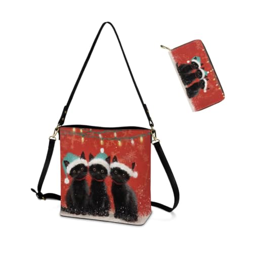 Image of HUGS IDEA Leather Purses and Handbag for Women Bucket Bag with Wrist Wallet 2 Packs