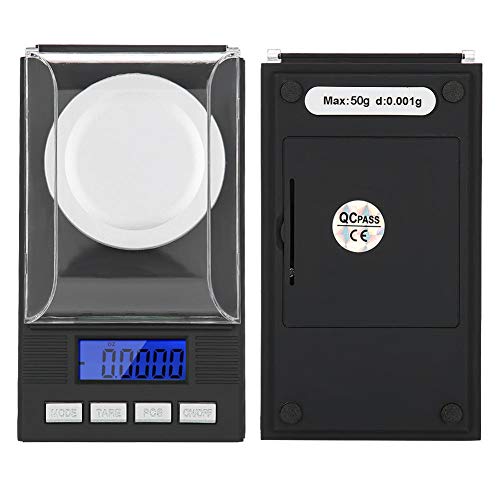 Bilancia Precisione 0,001g, Bilancia di Precisione Digitale Tascabile 50g/0,001g, Bilancia per Gioielli, con Pesi di Calibrazione e Pinzette per Laboratorio, Cucina, 15,5 × 8 × 2 cm