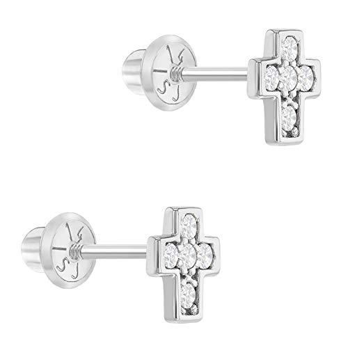 14k White Gold Clear Cubic Zirconia Little Cross Screw Back Earrings for Girls, Tiny Stud Religious Earrings for Toddlers Small Cross Screw Back Locking for Children2