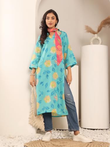 Image of Varanga Women Turquoise Blue Floral Printed Straight Kurta with Three Quarter Bell Sleeves - Comfortable & Stylish Design for Everyday Wear