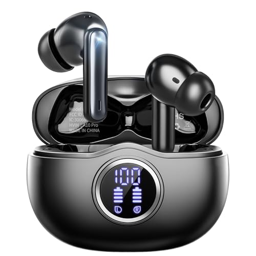 Fhumsh Wireless Earbuds, Bluetooth 5.3 Headphones HiFi Stereo 50H Playback LED Digital Display Ear Buds with ENC Noise Canceling Headset, IPX7 Waterproof Earphones for Gym/Running/Work (Black)