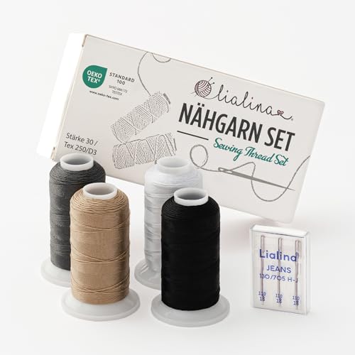 Juego de hilo de coser 100% poliéster/hilo extra fuerte, incluye agujas para máquina de coser, 4 x 250 m (blanco, negro, gris, beige), hilo de cuero para telas gruesas, certificado Öko-Tex, grosor 30