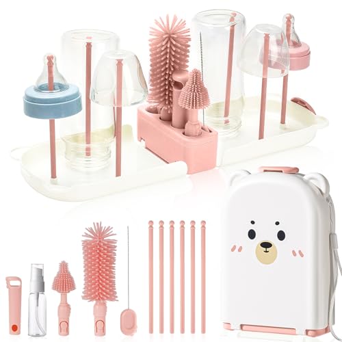 WeSweet 6-in-1 Baby Bottle Brush Set Silicone Bottle Cleaning Brush with Nipple & Straw Cleaner Soap Dispenser Drying Rack Portable Newborn Feeding Accessories for Home & Travel