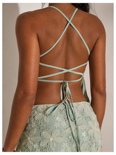 SHENHE Women's Embroidered Sequin Sparkly Halter Top Backless Criss Cross Tie Back Rave Tank Tops2