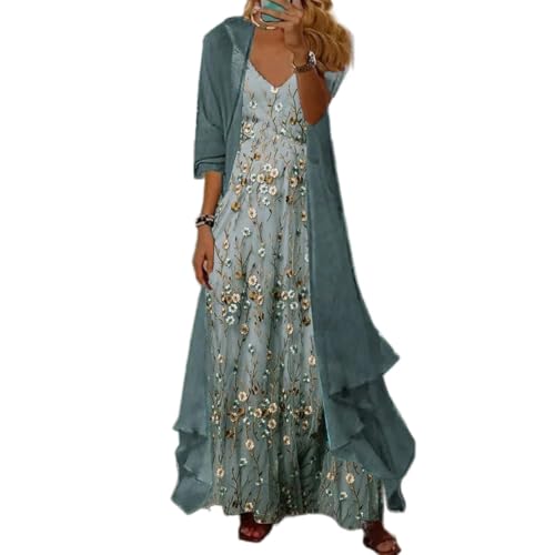 Women's Boho Floral Two-Piece Set Wedding Guest Maxi Dress Summer Cocktail Formal Dress with Chiffon Jacket