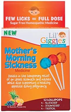 Lil' Giggles Mom's Medicated Lollipops - Gentle Relief for Mom's Morning Sickness and Nauseas - Non-Drowsy - Blueberry, Strawberry, and Tropical 12 CT