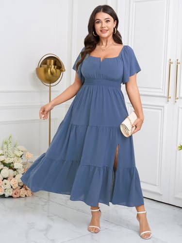 Image of SCOMCHIC Womens Plus Size Maxi Dress Formal Short Sleeve Square Neck Smocked Side Split Flowy A Line Tiered Long Dress
