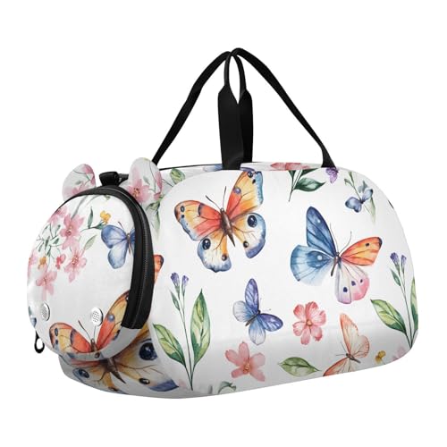 Duffle Bag for Boys or Girls with Shoes Compartment, Butterfly Flowers Pattern Sports Travel Bag Overnight