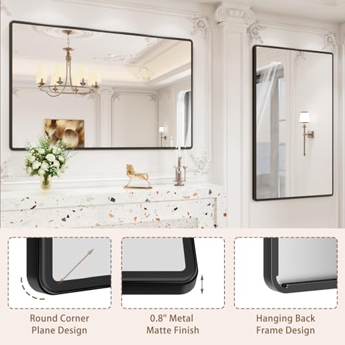 Image of pertetey 55 x 36 in Rounded Rectangle Bathroom Mirror | Black Metal Frame, Tempered Glass, Wall Mounted