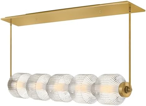 Fredrick Ramond Reign FR41465LCB Five Light LED Linear Chandelier - Vintage Ribbed Clear Globes, 45-in Integrated LED Light, Canopy + Adjustable Down Stems - in Lacquered Brass