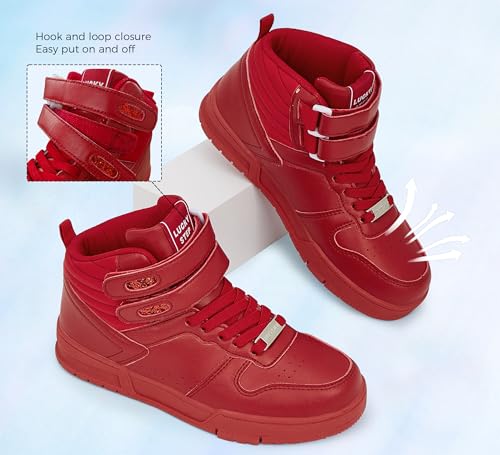 Image of LUCKY STEP Women High Top Fashion Sneakers Ankle Boots | Basketball Walking Tennis Shoes Platform Hook and Loop Faux Leather Sneaker
