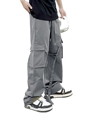 OYOANGLE Men's Camo Print Drawstring Waist Straight Wide Leg Flap Pocket Cargo Pants Trousers