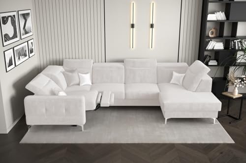 Friderik Sofá esquinero Malibu Max II con función de descanso y relajación, 180 x 350 x 182 cm, tejido Terra, reposacabezas de altura regulable, patas metálicas modernas (crema, izquierda)