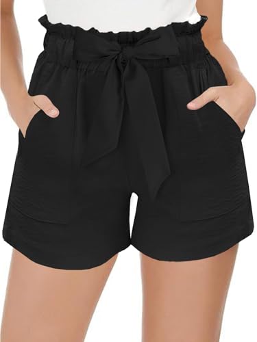 JFAN Pantalones Corto Verano Mujer Shorts Alta Cintura Elástica Casual Bermudas Shorts con Bolsillos para Diario Deportivos Correr Negro L