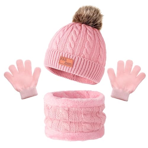 DKDDSSS 3 in 1 Conjunto de Gorro Bufanda y Guantes Niños, Set de Bufanda y Gorro Guantes para Niña, Set Beanie Gorro Invierno Niños Sombrero de Punto Cálido con Pompon para Niña 1-6 Años