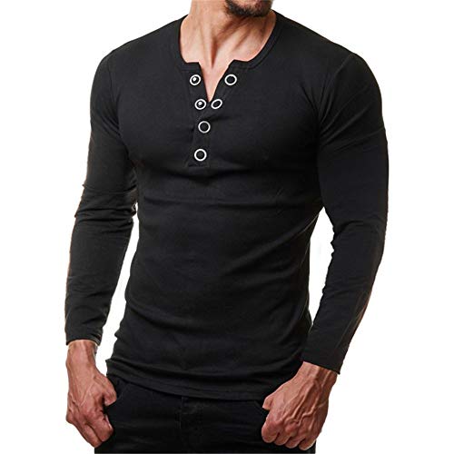 SFYZY Camiseta de Manga Larga de Color Liso para Hombre Camisa de Cuello Redondo Deportiva Casual Salvaje Diseño de botón de Metal Camisa de Polo de Manga Larga Chaqueta