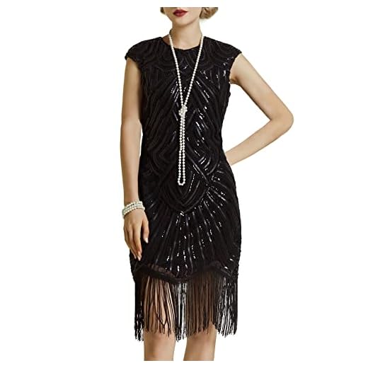 Babeyond - Vestido de charlestón con estilo de los años 20, del Gran Gatsby, con flecos y cuello en V - Negro - Small