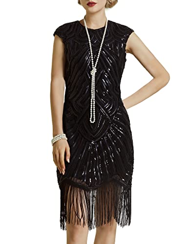 BABEYOND Damen Kleid voller Pailletten 20er Stil Runder Ausschnitt Inspiriert von Great Gatsby Kostüm Kleid (Schwarz, XXXL (Fits 96-100 cm Waist))