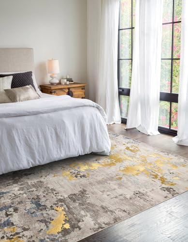 vivorug Washable Rug, Ultra Soft Area Rug 6x9, Non Slip Abstract Rug Carpet, Stain Resistant Rugs for Living Room Bedroom, Modern Fluffy Rug (Grey/Mustard, 6'x9')