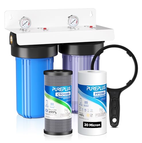 PUREPLUS 20 Micron 2-Stage Whole House Water Filter System for Well Water & Heavy Sediment, 10'x4.5' Blue & Clear Housing with Pressure Gauges, 1' NPT – High Flow Rust, Sand & Chlorine Removal