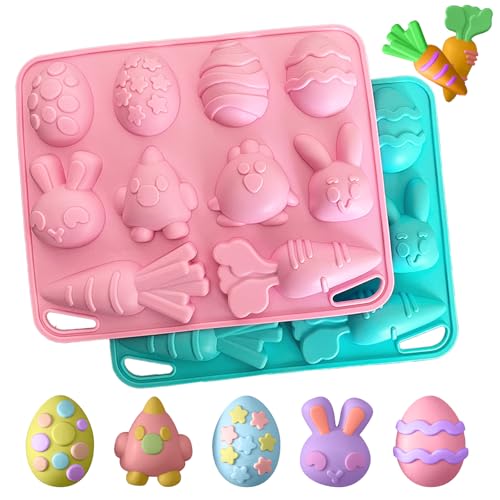 Lot de 2 moules en silicone en forme de lapin de Pâques 3D - En silicone - En forme de carottes et d'œufs de Pâques - Pour décoration de cupcakes,...