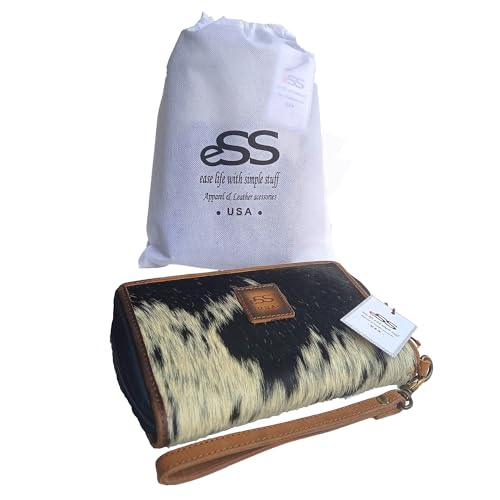 Real Cowhide Leather Wristlet Wallet for Women – Black & White Hair-On Western Purse | RFID-Blocking Large Capacity Organizer | 32 Card Slots, Phone & Checkbook Holder, Zipper Closure