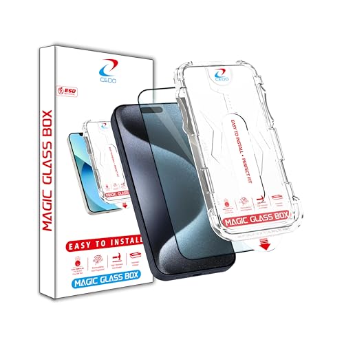 Image of CEDO Magic Box Tempered Glass for iPhone 15 Pro | Dust & Bublle Free Installation Screen Protector with auto Alignment Tool | HD Clear Quality Tempered Glass with Easy Installation Kit (Black)