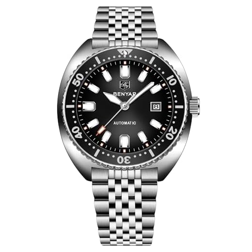 Relógio mecânico automático BENYAR masculino com movimento automático confiável, 42,5 mm, aço inoxidável, 50 m, resistente à água (5 ATM), exibição de data, relógio de pulso analógico casual, Preto