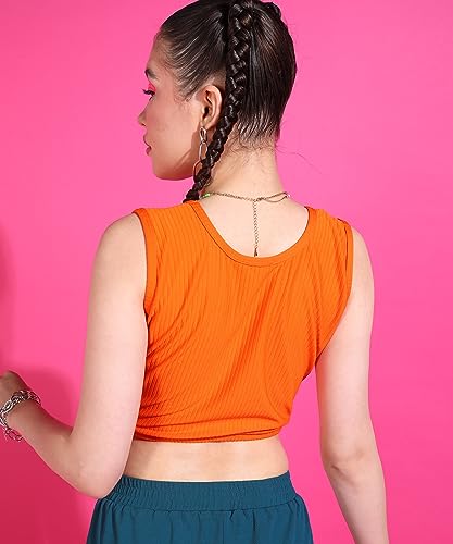 Image of POPWINGS Casual Solid Ribbed Crop Top for Women || Sleeveless Crop Top for Women || V-Neck Crop Top for Women || Women Crop Top for Summer