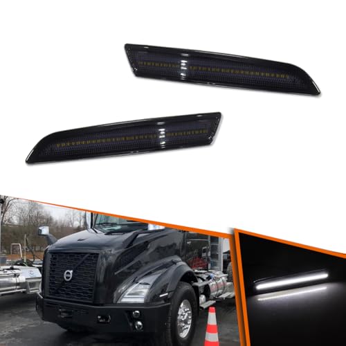ADIIL For 2018-up Volvo VNL VNR VNX 2PCS Smoked Lens White LED Front Bumper Side Marker Lights