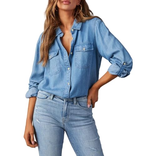 Denim Shirt Women Western Shirts Button Down Chambray Shirt Casual Long Sleeve Jean Jacket Denim Top Blouse for Women2