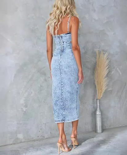 Women's Sexy Spaghetti Straps Slit Denim Dress Cut Out Zip Back Distressed Backless Calf Length Jean Dress3