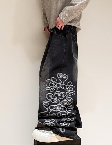 QGRSWBC Black Baggy Jeans Men Y2K Hip Hop Denim Pants Embroidered Vintage Wide Leg 2000s Streetwear Trousers — view 4
