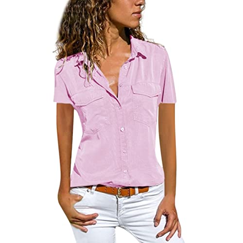 T-shirt uni à manches courtes haut uni col en V revers cravate bouton irrégulier chemise femme chemise tunique haut ample col rond chemise été chemise florale, Rose clair, M Cover
