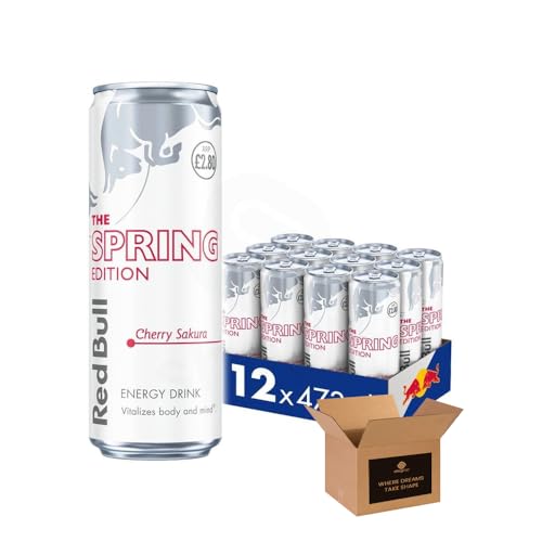 Shopior Energy Drink Can Original Sugarfree Zero & Flavoured Editions Bulk Packs | Caffeine Energy Drinks for Gym Game & Work (Red Bull Cherry Sakura PM 2.80-473ml - Pack 12)