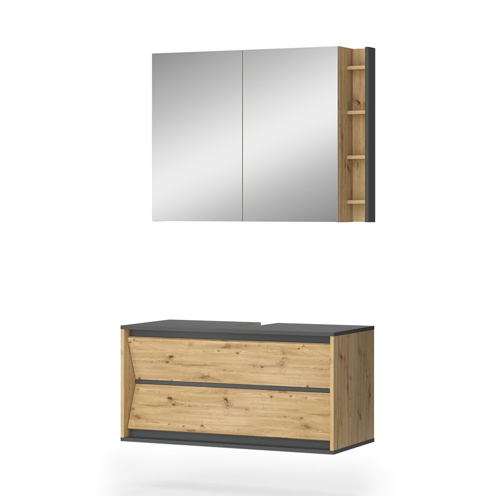 Vicco Conjunto de Muebles de baño Edelin, Antracita/Artisan, 100 cm | compuesto por espejo de baño y mueble bajo lavabo