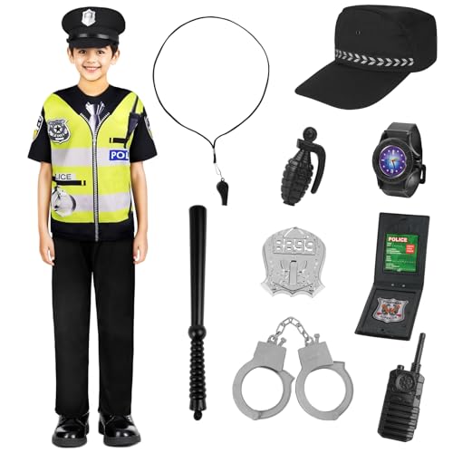 Aomig Police Deguisement Enfant, 11Pcs Policier Costume Courte avec Chapeau, Menottes, Talkies-Walkies, Bâton, Accessoires de Police, Costume Policier pour Garçon Halloween Cosplay Carnaval Party